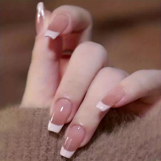 24pcs White Ombre French Press-On Nails with Glue & Nail Buffer