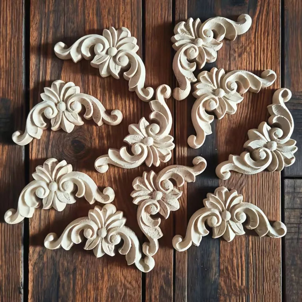 10Pcs Wood Carved Inlay Panels – Decorative Wooden Appliques