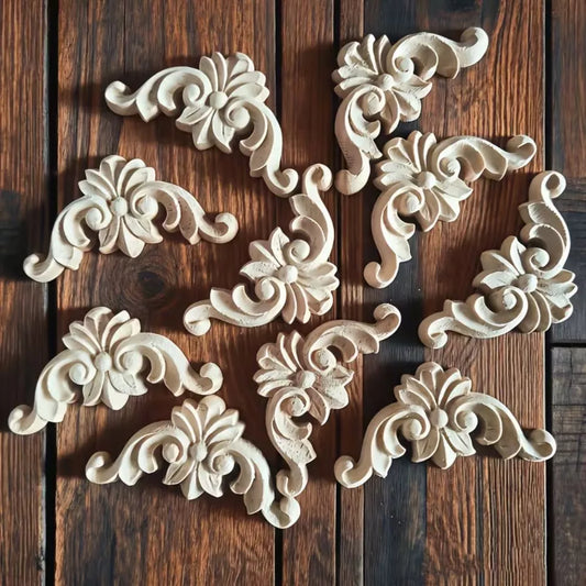 10Pcs Wood Carved Inlay Panels – Decorative Wooden Appliques