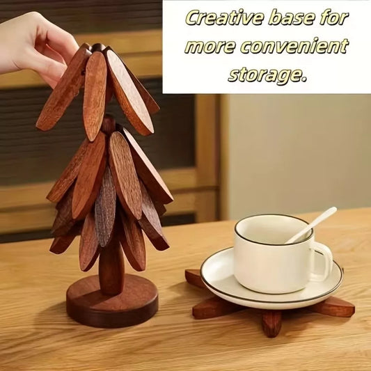 1Pc Tree-Shaped Solid Wood Heat-Resistant Pad – 4 Leaves
