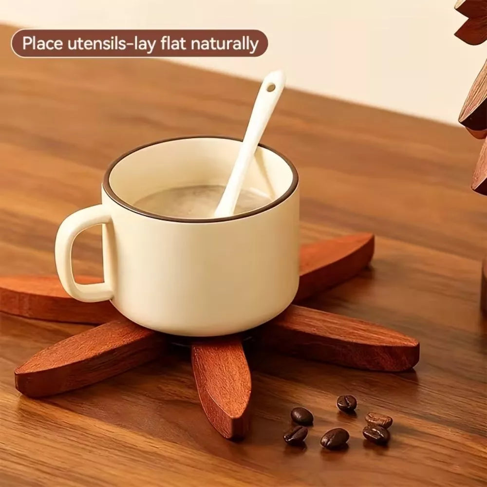 1Pc Tree-Shaped Solid Wood Heat-Resistant Pad – 4 Leaves