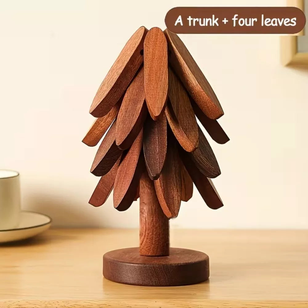 1Pc Tree-Shaped Solid Wood Heat-Resistant Pad – 4 Leaves